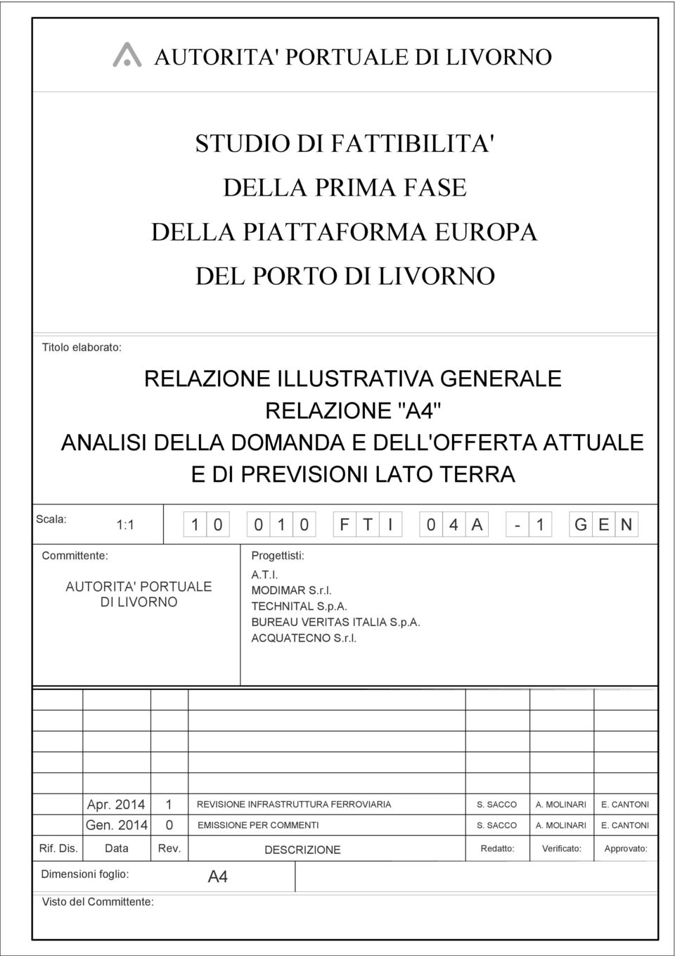 Progettisti: A.T.I. MODIMAR S.r.l. TECHNITAL S.p.A. BUREAU VERITAS ITALIA S.p.A. ACQUATECNO S.r.l. Apr. 2014 1 REVISIONE INFRASTRUTTURA FERROVIARIA S. SACCO A. MOLINARI E.