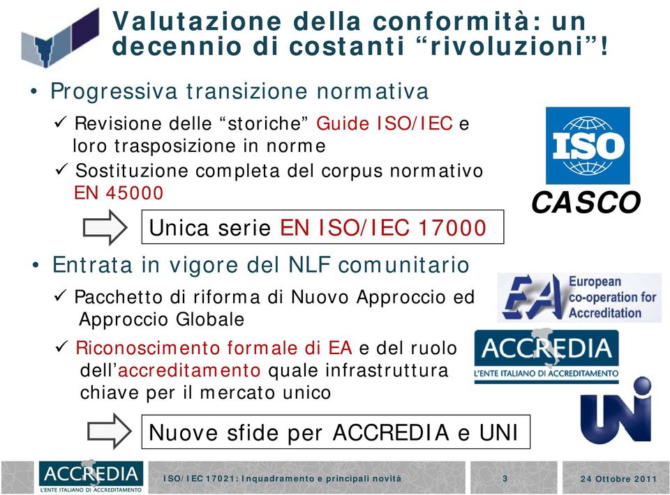 normativo EN 45000 Unica serie EN ISO/IEC 17000 Entrata in vigore del NLF comunitario Pacchetto di riforma di Nuovo Approccio ed