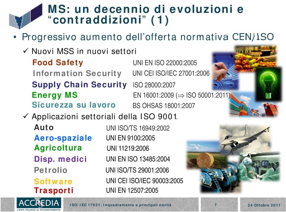 BS OHSAS 18001:2007 Applicazioni settoriali della ISO 9001 Auto UNI ISO/TS 16949:2002 Aero-spaziale UNI EN 9100:2005 Agricoltura UNI 11219:2006 Disp.