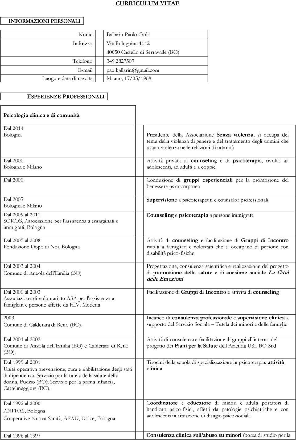 SOKOS, Associazione per l assistenza a emarginati e immigrati, Bologna Dal 2005 al 2008 Fondazione Dopo di Noi, Bologna Dal 2003 al 2004 Comune di Anzola dell Emilia (BO) Dal 2000 al 2003