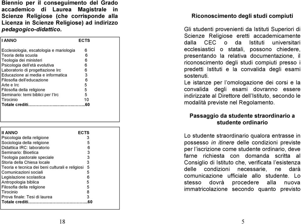 Filosofia dell educazione 6 Arte e Irc 5 Filosofia della religione 5 Seminario: temi biblici per l Irc 5 Tirocinio 10 Totale crediti.