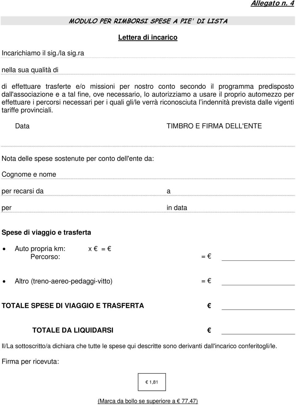 fine, ove necessario, lo autorizziamo a usare il proprio automezzo per effettuare i percorsi necessari per i quali gli/le verrà riconosciuta l indennità prevista dalle vigenti tariffe provinciali.