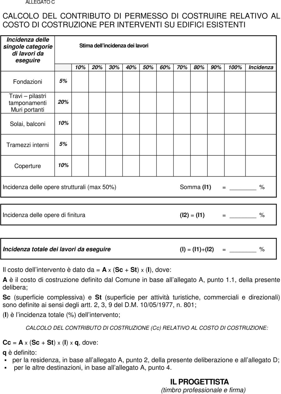 delle opere strutturali (max 50%) Somma (I1) = % Incidenza delle opere di finitura (I2) = (I1) = % Incidenza totale dei lavori da eseguire (I) = (I1)+(I2) = % Il costo dell intervento è dato da = A x