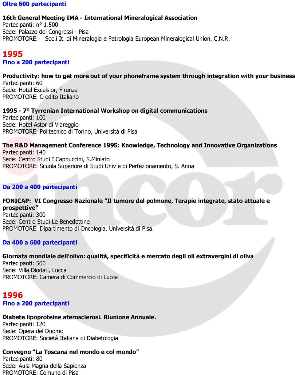 1995 Fino a 200 partecipanti Productivity: how to get more out of your phoneframe system through integration with your business Partecipanti: 60 Sede: Hotel Excelsior, Firenze PROMOTORE: Credito