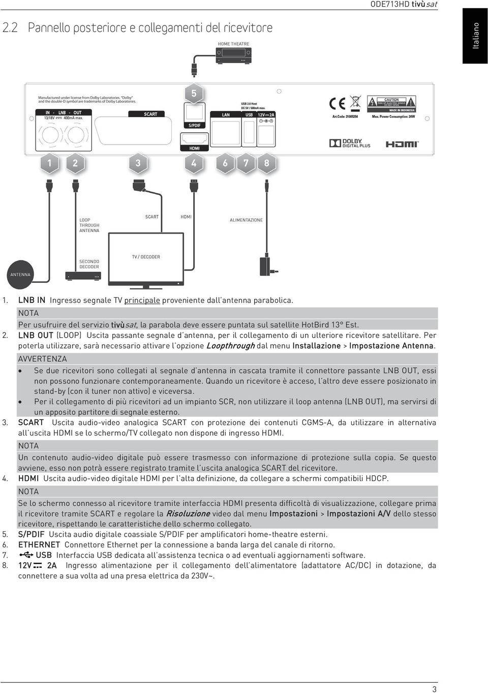 LNB OUT (LOOP) Uscita passante segnale d antenna, per il collegamento di un ulteriore ricevitore satellitare.