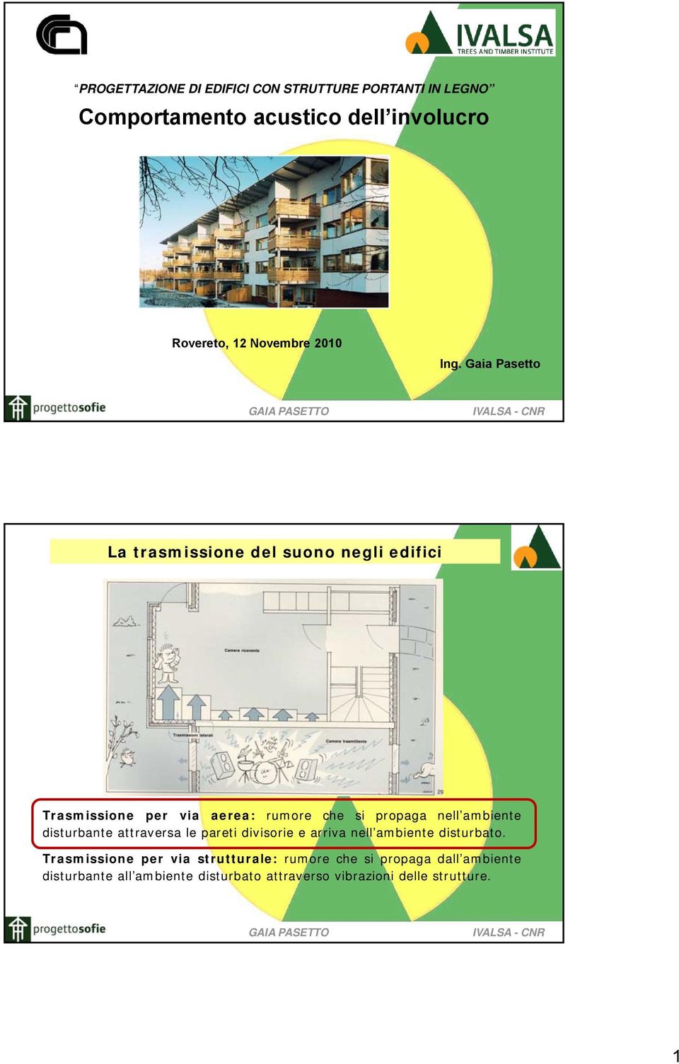 Gaia Pasetto La trasmissione del suono negli edifici Trasmissione per via aerea: rumore che si propaga nell ambiente