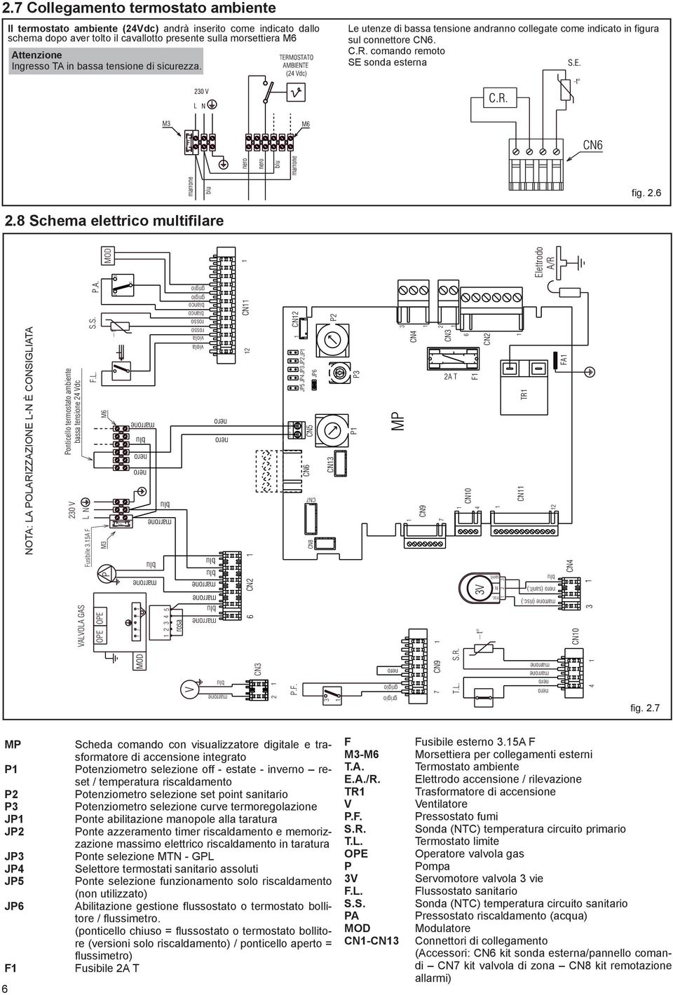 8 Schema elettrico multifilare A B C D Ponticello termostato ambiente bassa tensione 24 Vdc 230 V N L VALVOLA GAS Fusibile 3.5A F P.A. S.S. F.L. M6 M3 fig. 2.7 A B C D 2 3 Attenzione Ingresso TA in bassa tensione di sicurezza.