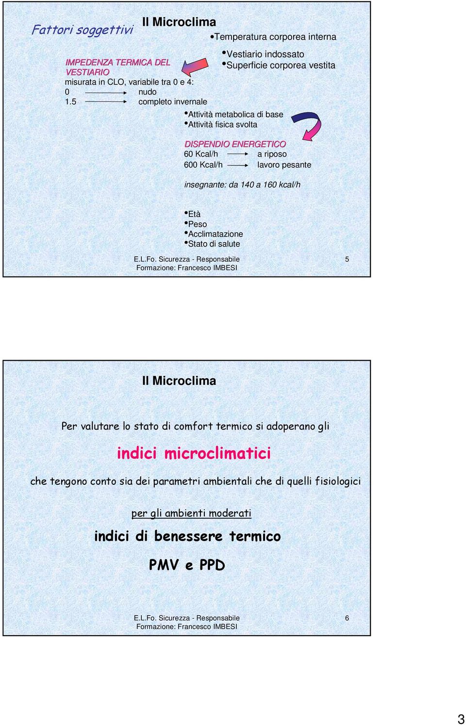 DISPENDIO ENERGETICO 60 Kcal/h a riposo 600 Kcal/h lavoro pesante insegnante: da 140 a 160 kcal/h Età Peso Acclimatazione Stato di salute 5 Per