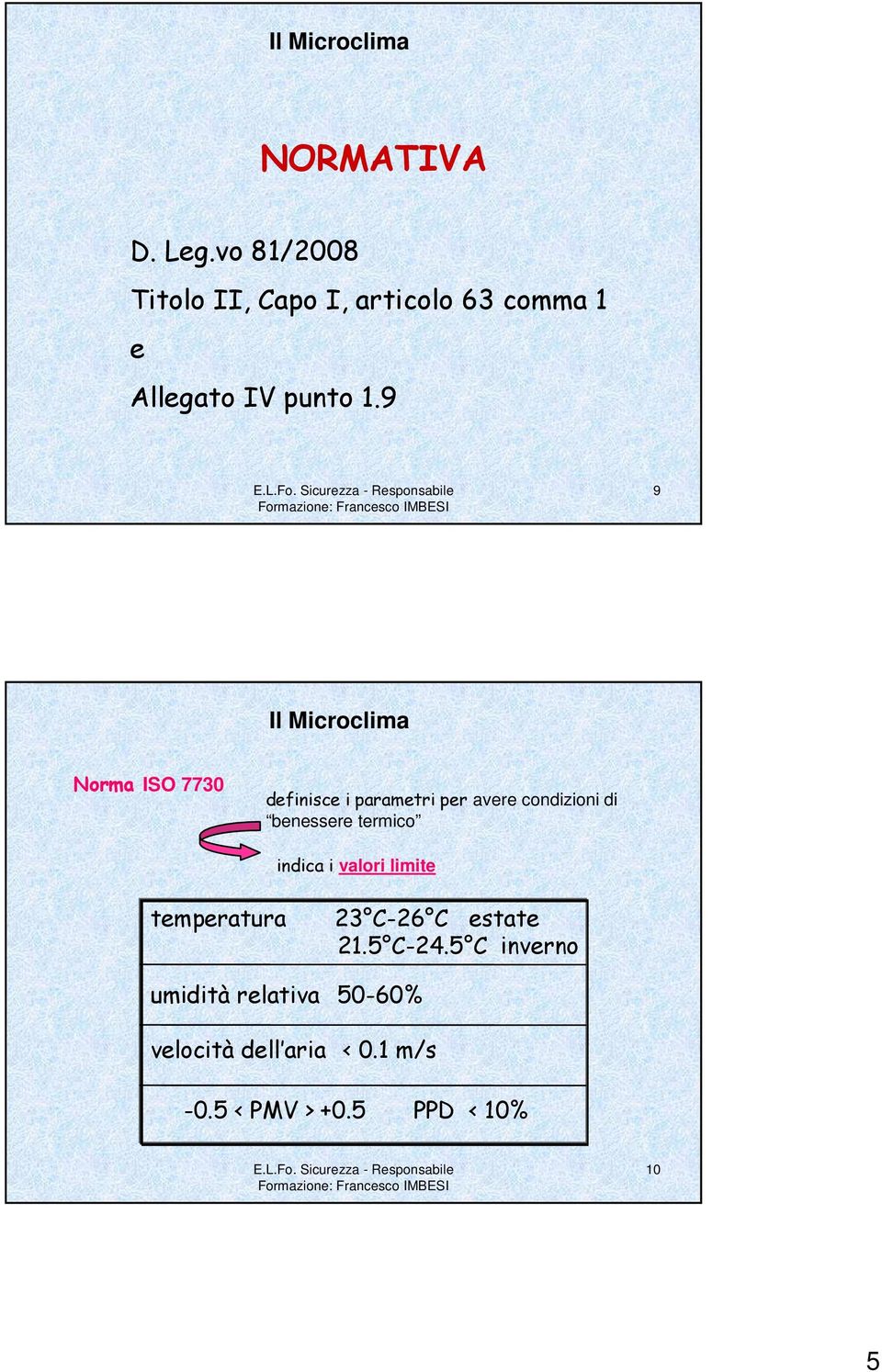 9 9 Norma ISO 7730 definisce i parametri per avere condizioni di benessere termico