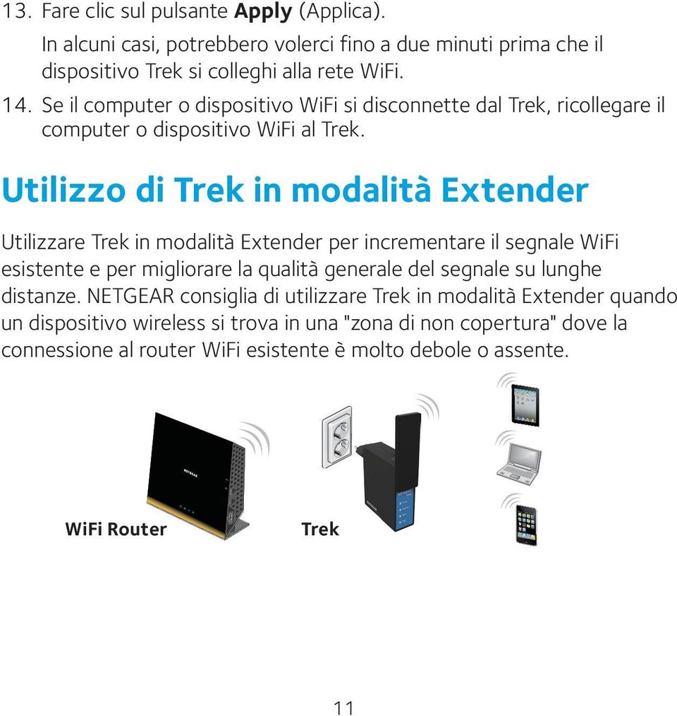 Utilizzo di Trek in modalità Extender Utilizzare Trek in modalità Extender per incrementare il segnale WiFi esistente e per migliorare la qualità generale del segnale