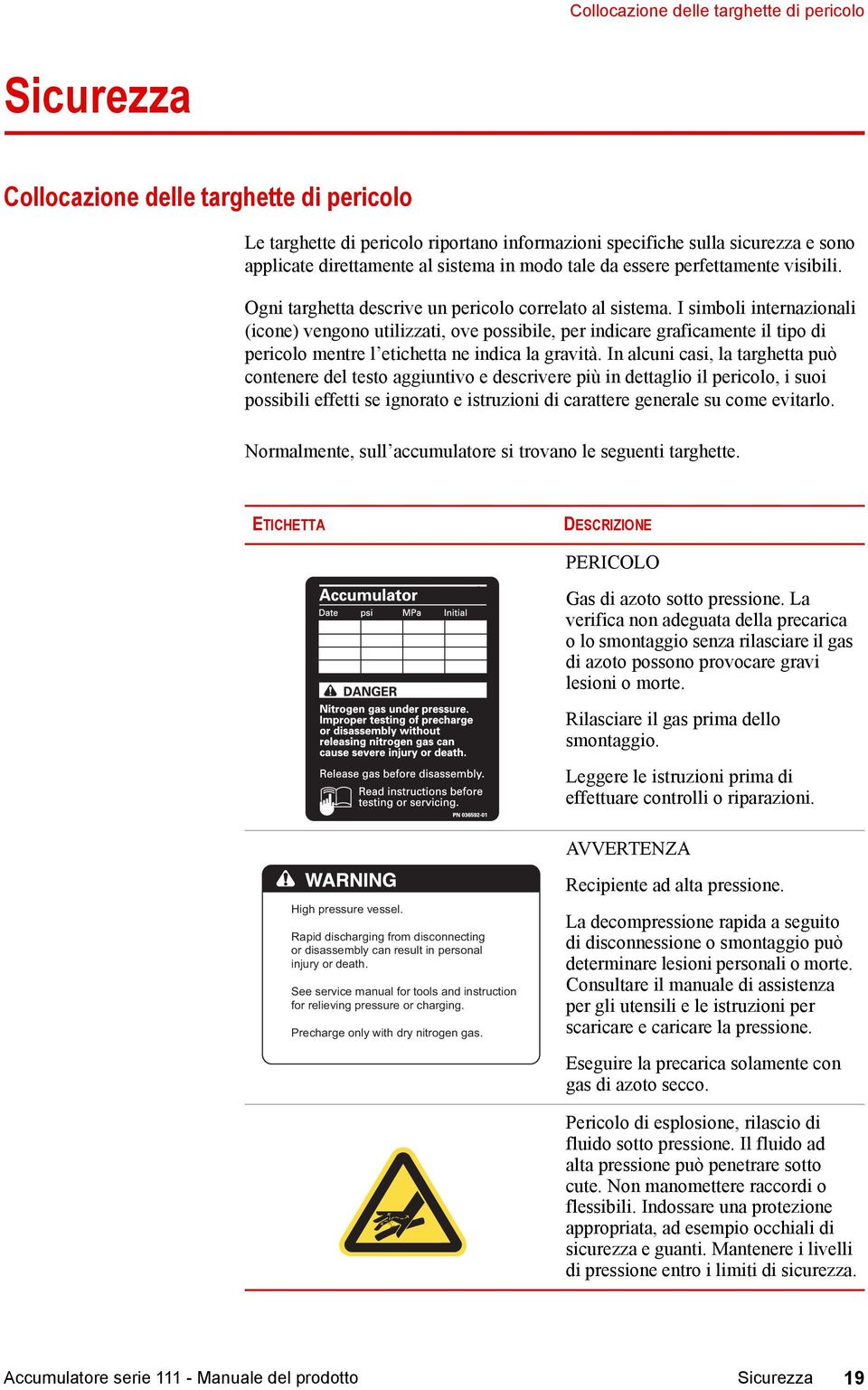 I simboli internazionali (icone) vengono utilizzati, ove possibile, per indicare graficamente il tipo di pericolo mentre l etichetta ne indica la gravità.