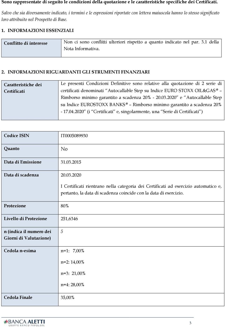 INFORMAZIONI ESSENZIALI Conflitto di interesse Non ci sono conflitti ulteriori rispetto a quanto indicato nel par. 3.1 della Nota Informativa. 2.