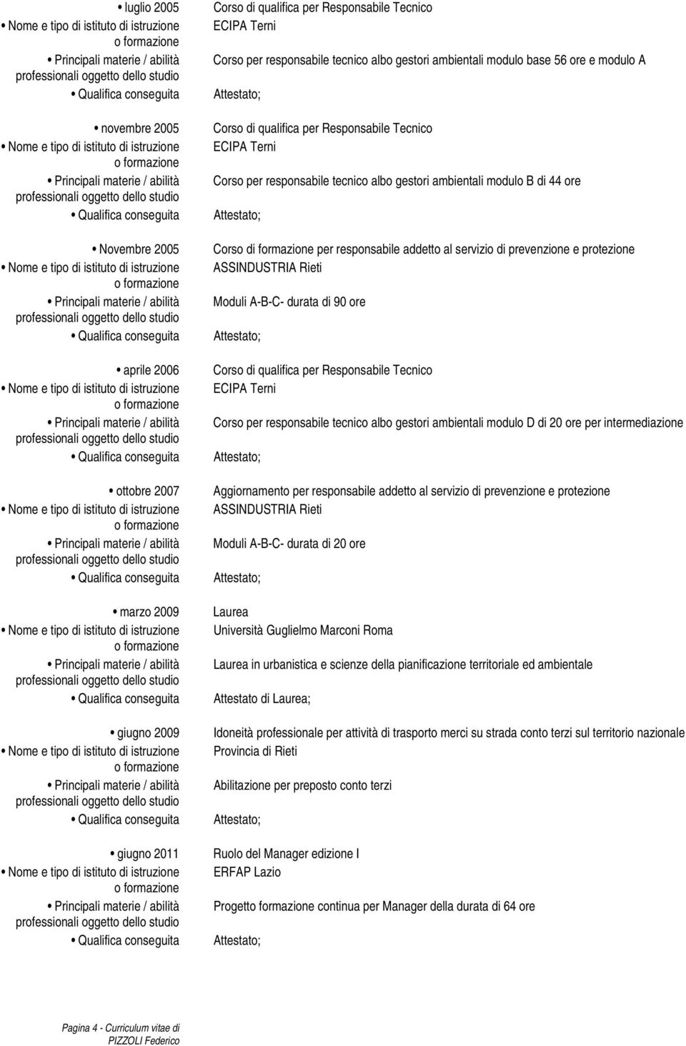 responsabile tecnico albo gestori ambientali modulo D di 20 ore per intermediazione Aggiornamento per responsabile addetto al servizio di prevenzione e protezione ASSINDUSTRIA Rieti Moduli A-B-C-