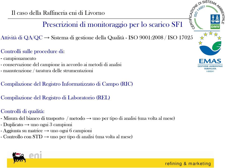 Compilazione del Registro Informatizzato di Campo (RIC) Compilazione del Registro di Laboratorio (REL) Controlli di qualità: - Misura del bianco di trasporto / metodo