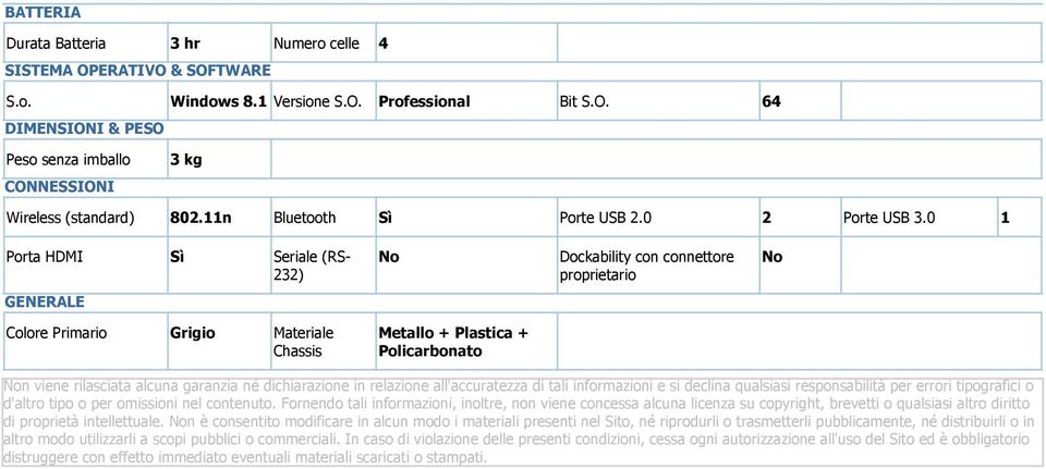 0 1 Porta HDMI Seriale (RS- 232) Dockability con connettore proprietario GENERALE Colore Primario Grigio Materiale Chassis Metallo + Plastica + Policarbonato n viene rilasciata alcuna garanzia né