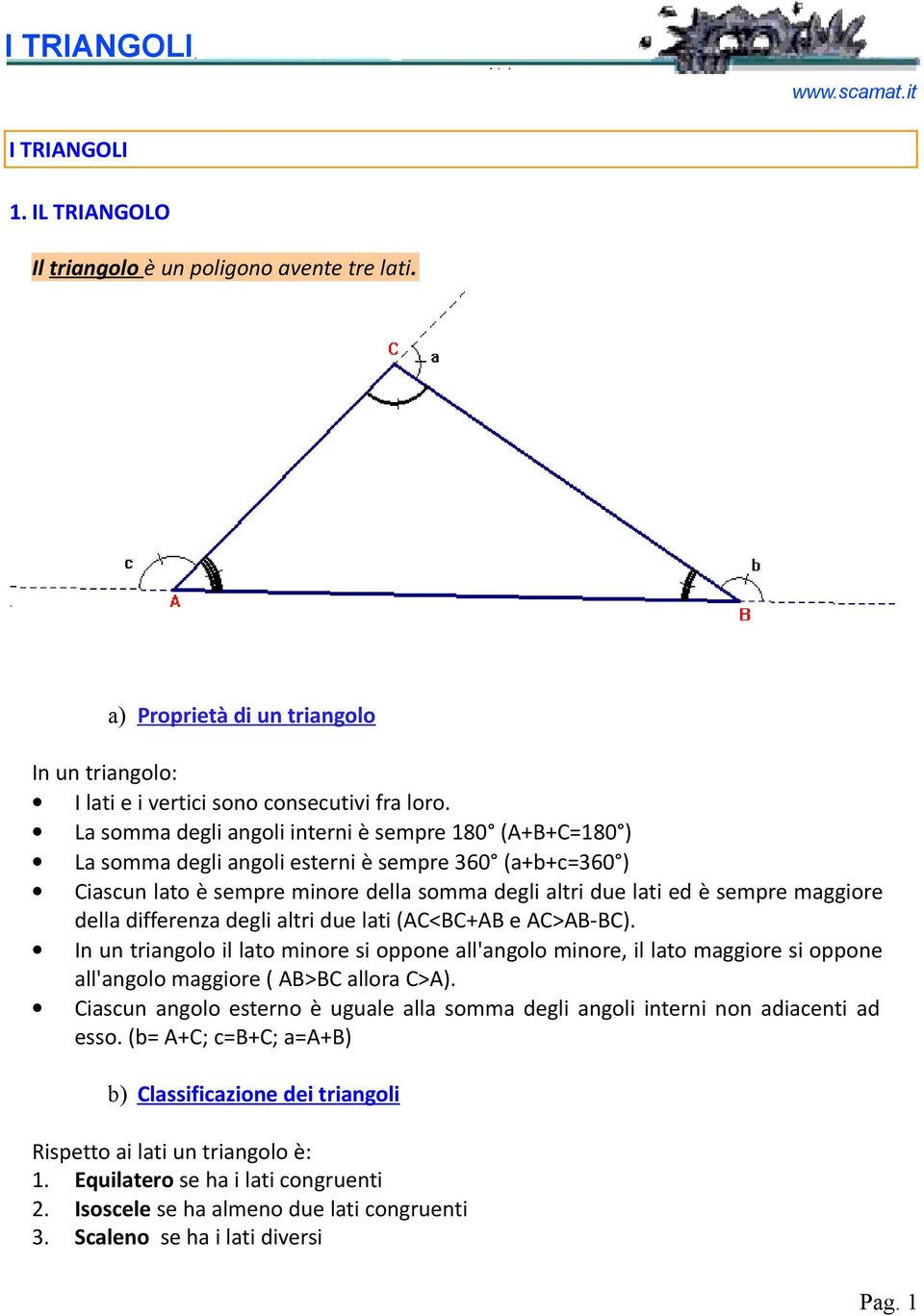 della differenza degli altri due lati (AC<BC+AB e AC>AB-BC). In un triangolo il lato minore si oppone all'angolo minore, il lato maggiore si oppone all'angolo maggiore ( AB>BC allora C>A).