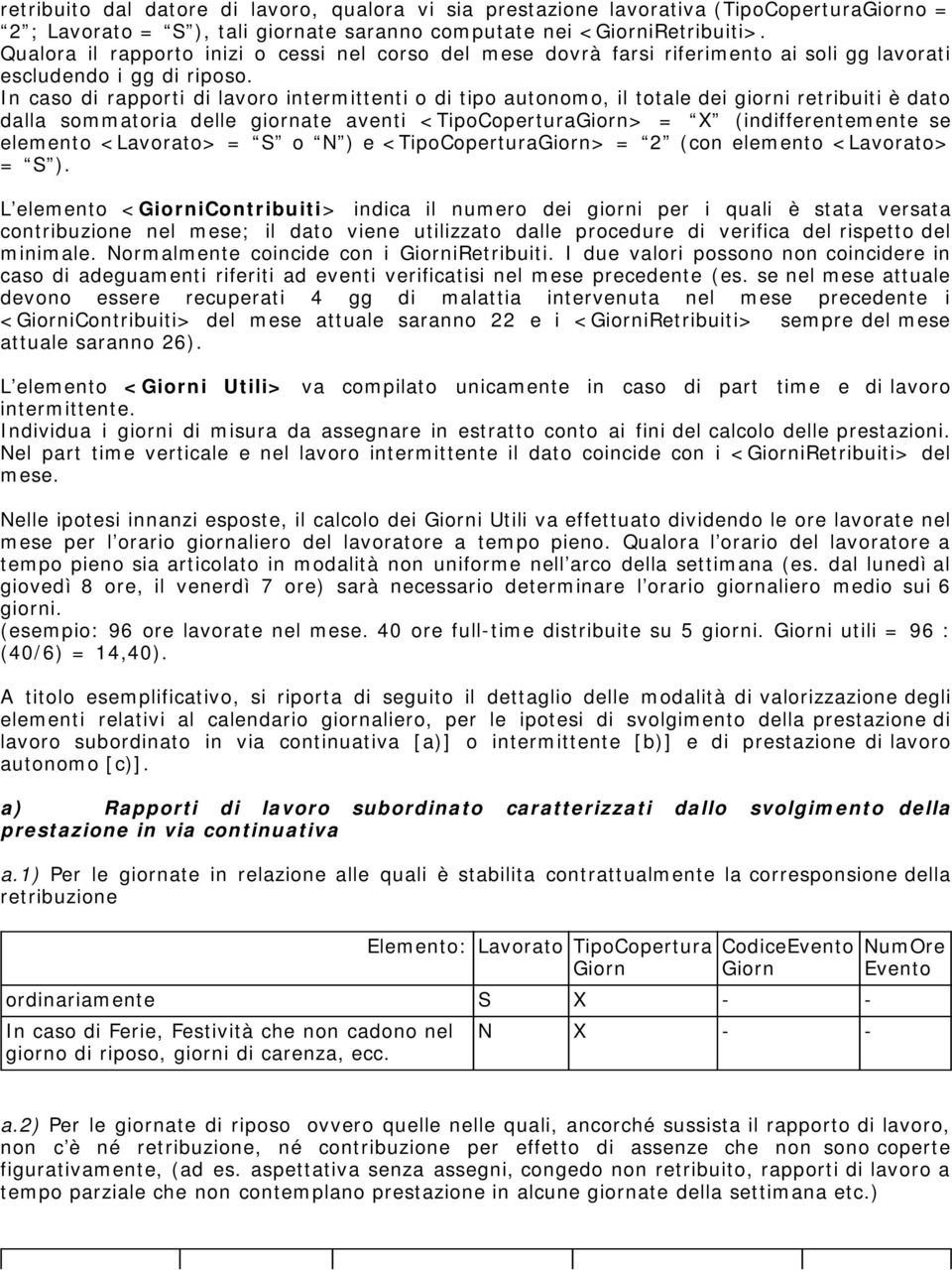 In caso di rapporti di lavoro intermittenti o di tipo autonomo, il totale dei giorni retribuiti è dato dalla sommatoria delle giornate aventi <TipoCopertura> = X (indifferentemente se elemento