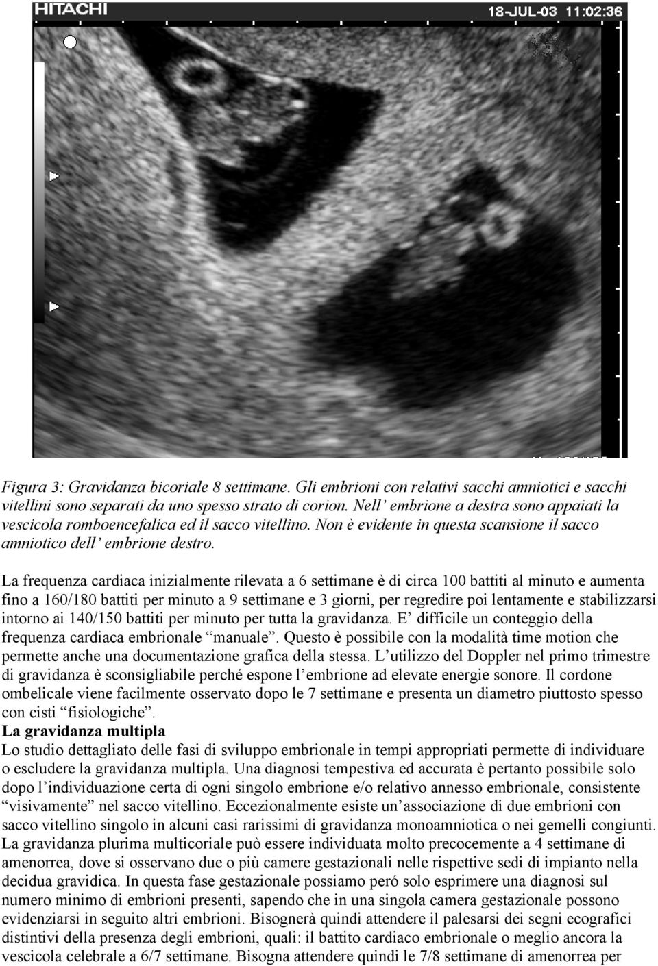 La frequenza cardiaca inizialmente rilevata a 6 settimane è di circa 100 battiti al minuto e aumenta fino a 160/180 battiti per minuto a 9 settimane e 3 giorni, per regredire poi lentamente e