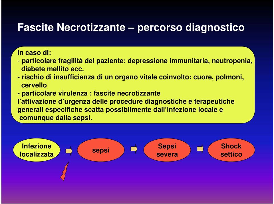 - rischio di insufficienza di un organo vitale coinvolto: cuore, polmoni, cervello - particolare virulenza : fascite