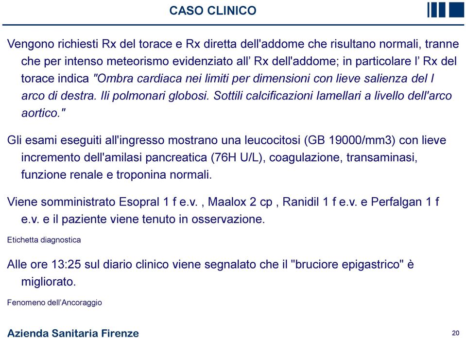 " Gli esami eseguiti all'ingresso mostrano una leucocitosi (GB 19000/mm3) con lieve incremento dell'amilasi pancreatica (76H U/L), coagulazione, transaminasi, funzione renale e troponina normali.