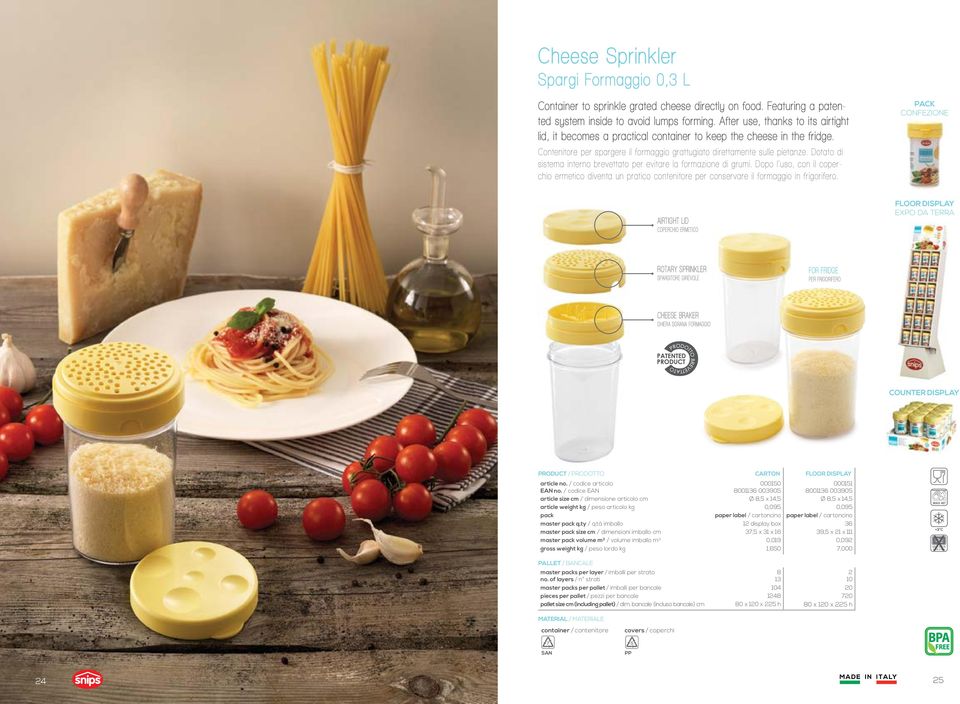 Dotato di sistema interno brevettato per evitare la formazione di grumi. Dopo l uso, con il coperchio ermetico diventa un pratico contenitore per conservare il formaggio in frigorifero.