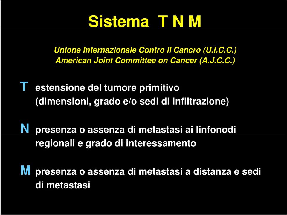 infiltrazione) N presenza o assenza di metastasi ai linfonodi regionali e grado di