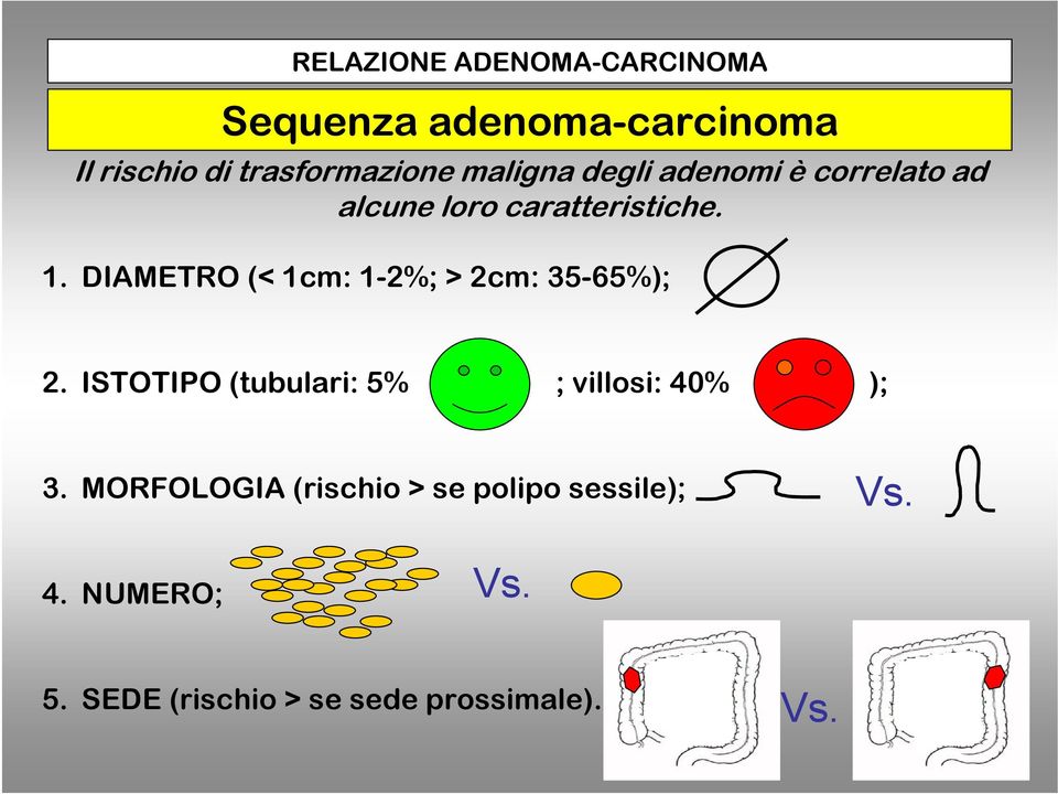 DIAMETRO (< 1cm: 1-2%; > 2cm: 35-65%); 2. ISTOTIPO (tubulari: 5% ; villosi: 40% ); 3.