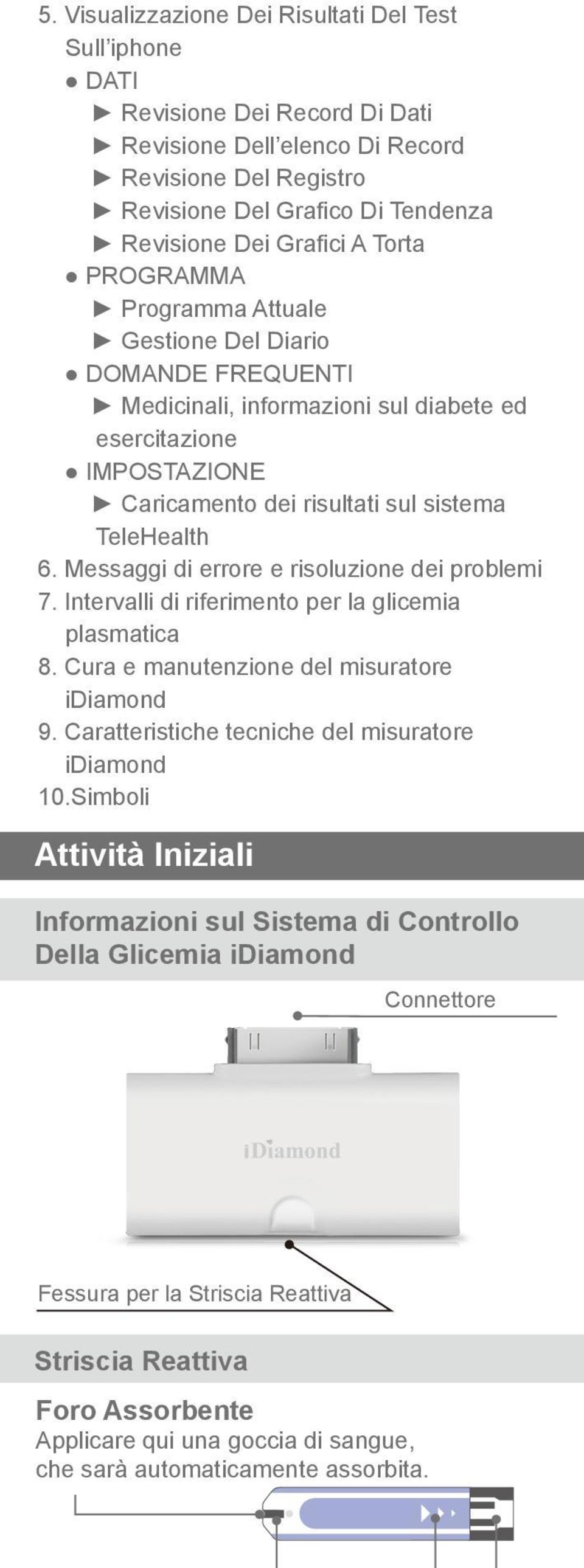 Messaggi di errore e risoluzione dei problemi 7. Intervalli di riferimento per la glicemia plasmatica 8. Cura e manutenzione del misuratore idiamond 9.