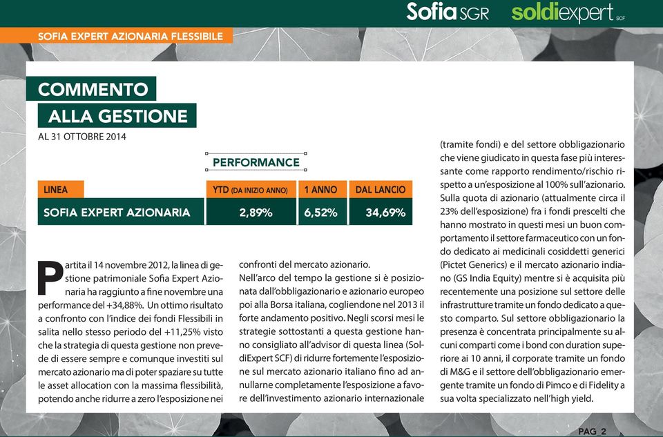 Un ottimo risultato a confronto con l indice dei fondi Flessibili in salita nello stesso periodo del +11,25% visto che la strategia di questa gestione non prevede di essere sempre e comunque