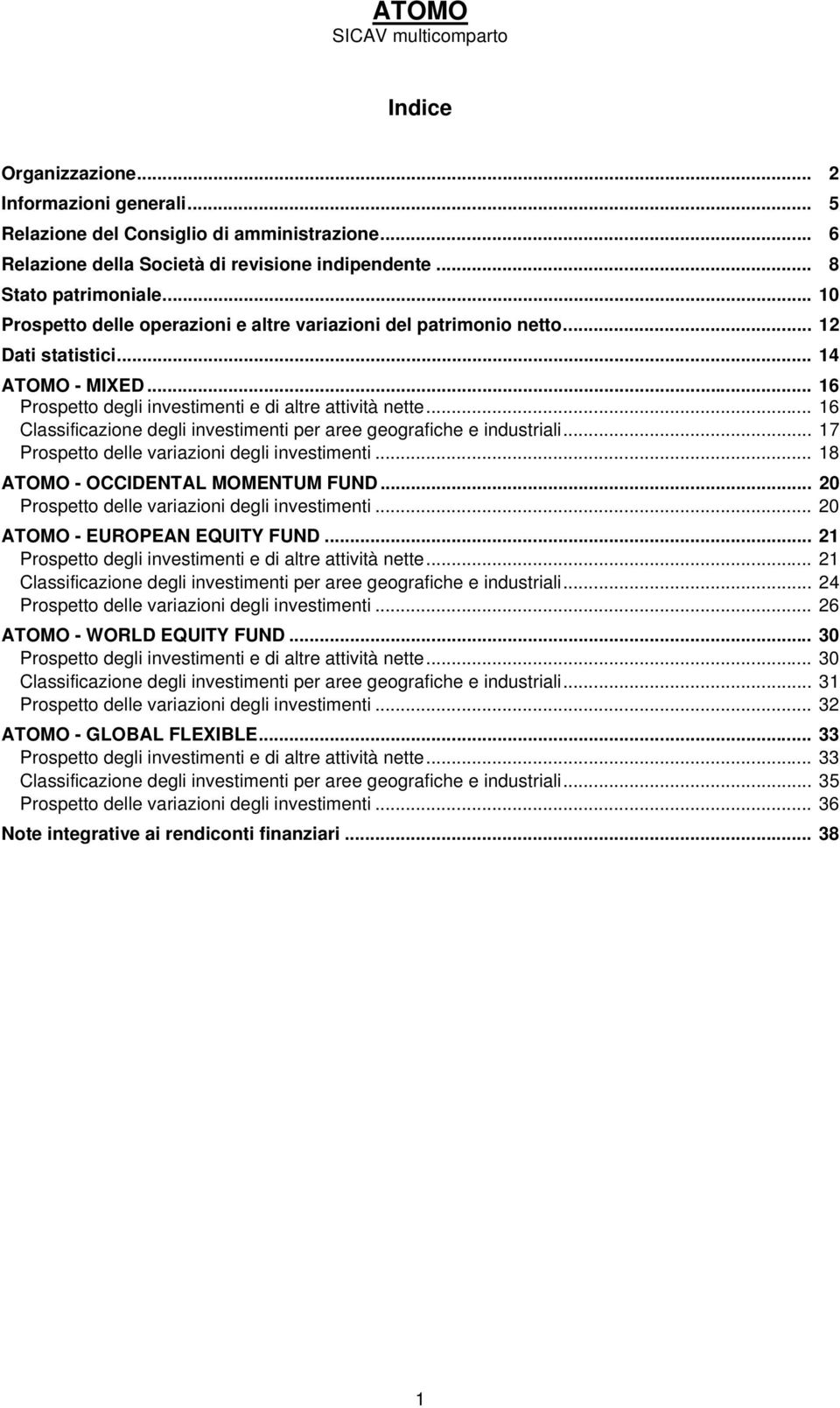 .. 16 Classificazione degli investimenti per aree geografiche e industriali... 17 Prospetto delle variazioni degli investimenti... 18 ATOMO - OCCIDENTAL MOMENTUM FUND.