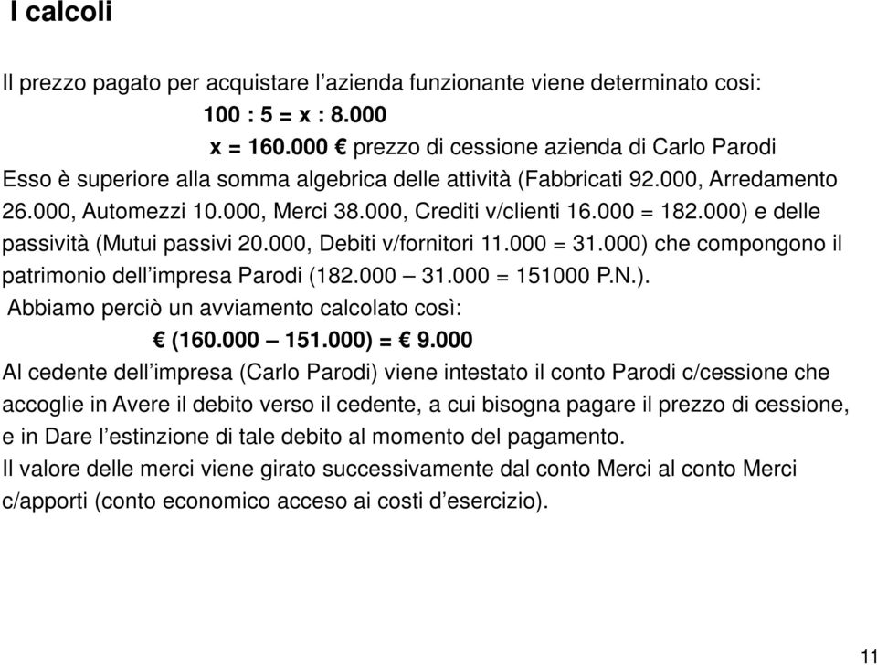 000 = 182.000) e delle passività (Mutui passivi 20.000, Debiti v/fornitori 11.000 = 31.000) che compongono il patrimonio dell impresa Parodi (182.000 31.000 = 151000 P.N.). Abbiamo perciò un avviamento calcolato così: (160.