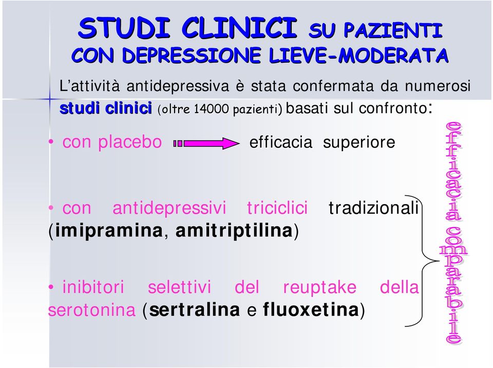 con placebo efficacia superiore con antidepressivi triciclici tradizionali (imipramina,