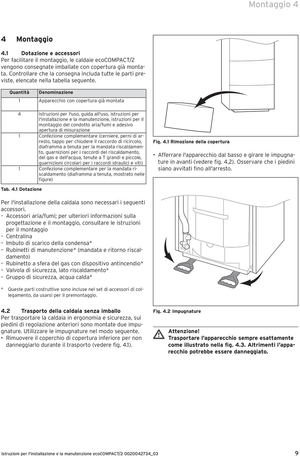 Quantità Denominazione Apparecchio con copertura già montata 4 Istruzioni per l'uso, guida all'uso, istruzioni per l'installazione e la manutenzione, istruzioni per il montaggio del condotto