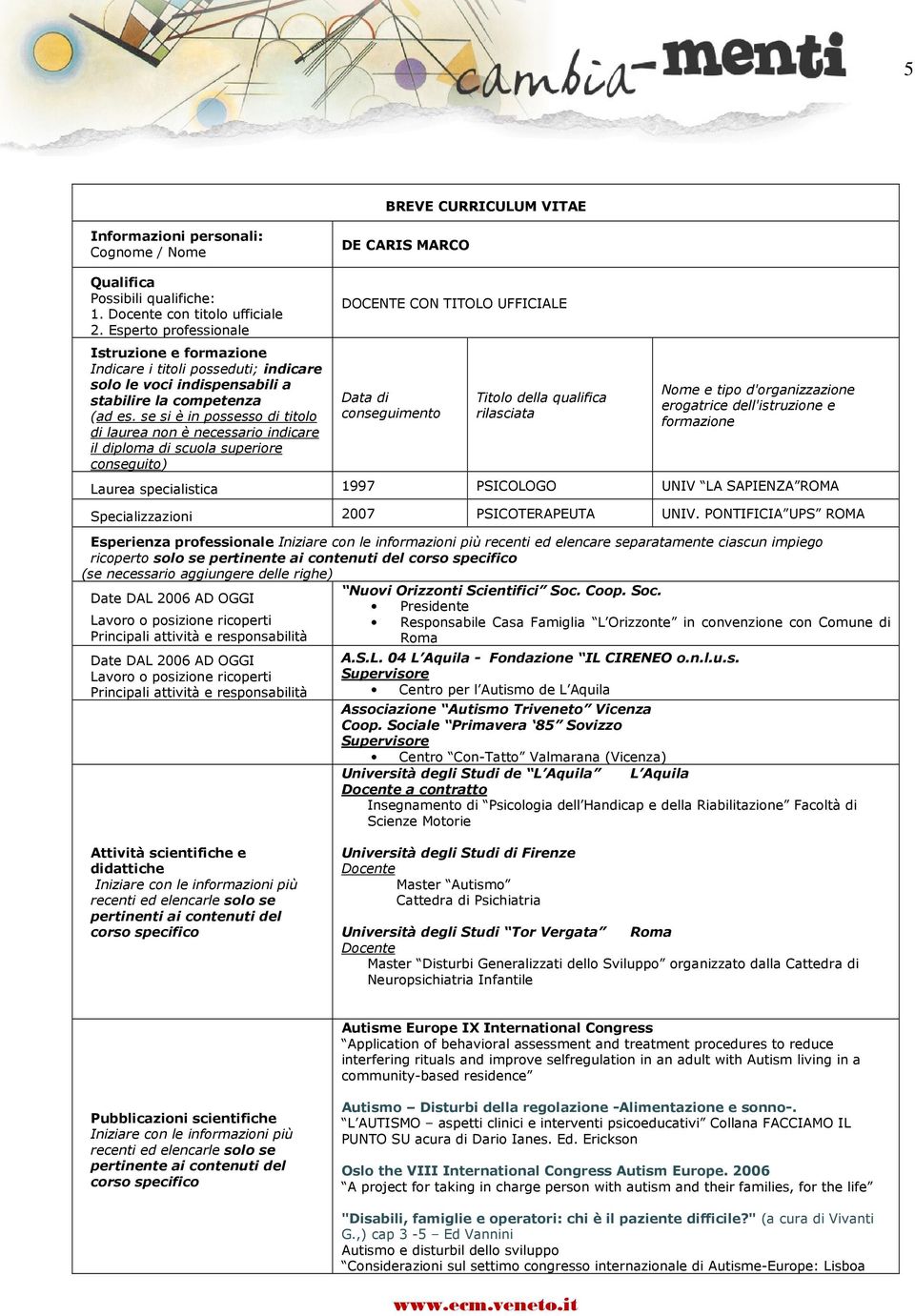 se si è in possesso di titolo di laurea non è necessario indicare il diploma di scuola superiore conseguito) DOCENTE CON TITOLO UFFICIALE Data di conseguimento Titolo della qualifica rilasciata Nome