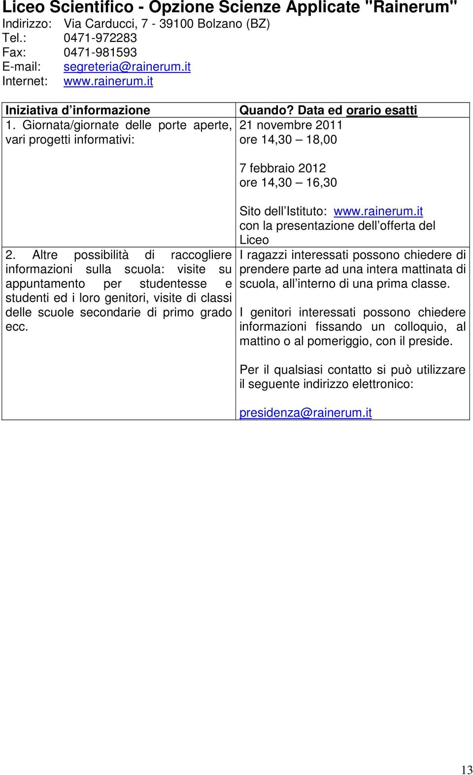 it 21 novembre 2011 ore 14,30 18,00 2. Altre possibilità di raccogliere 7 febbraio 2012 ore 14,30 16,30 Sito dell Istituto: www.rainerum.