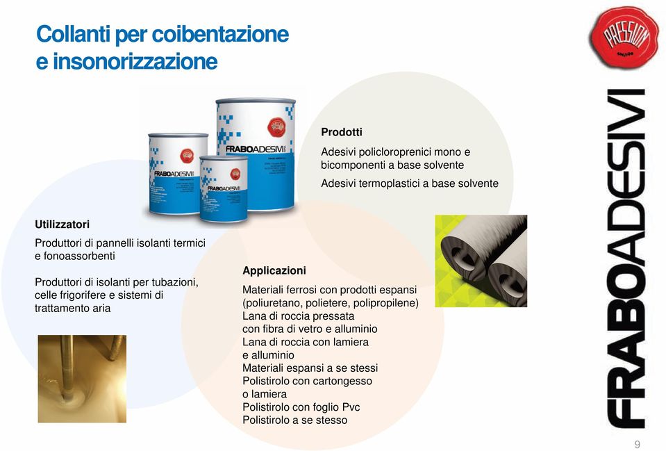 aria Applicazioni Materiali ferrosi con prodotti espansi (poliuretano, polietere, polipropilene) Lana di roccia pressata con fibra di vetro e alluminio