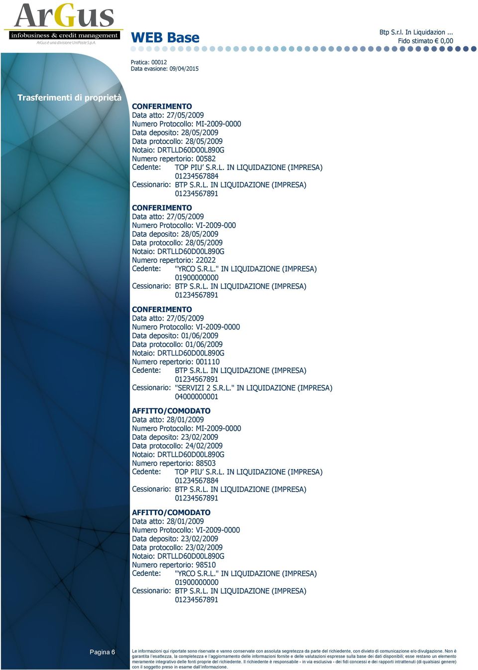 IN LIQUIDAZIONE (IMPRESA) 01234567884 Cessionario: BTP S.R.L. IN LIQUIDAZIONE (IMPRESA) 01234567891 CONFERIMENTO Data atto: 27/05/2009 Numero Protocollo: VI-2009-000 Data deposito: 28/05/2009 Data