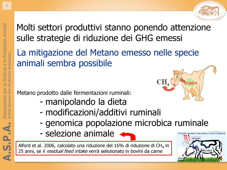 - modificazioni/additivi ruminali - genomica popolazione microbica ruminale - selezione animale Alford et al.