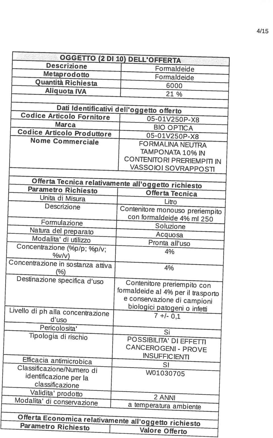 richiest Parametr Richiest Offerta Tecnica Unita di Misura Litr Descrizine C ntenitre mn us preriempit cn frmaldeide 4% ml 250 Frmulazine Sluzine Natura del preparat Acqusa Mdalita di utilizz Prnta