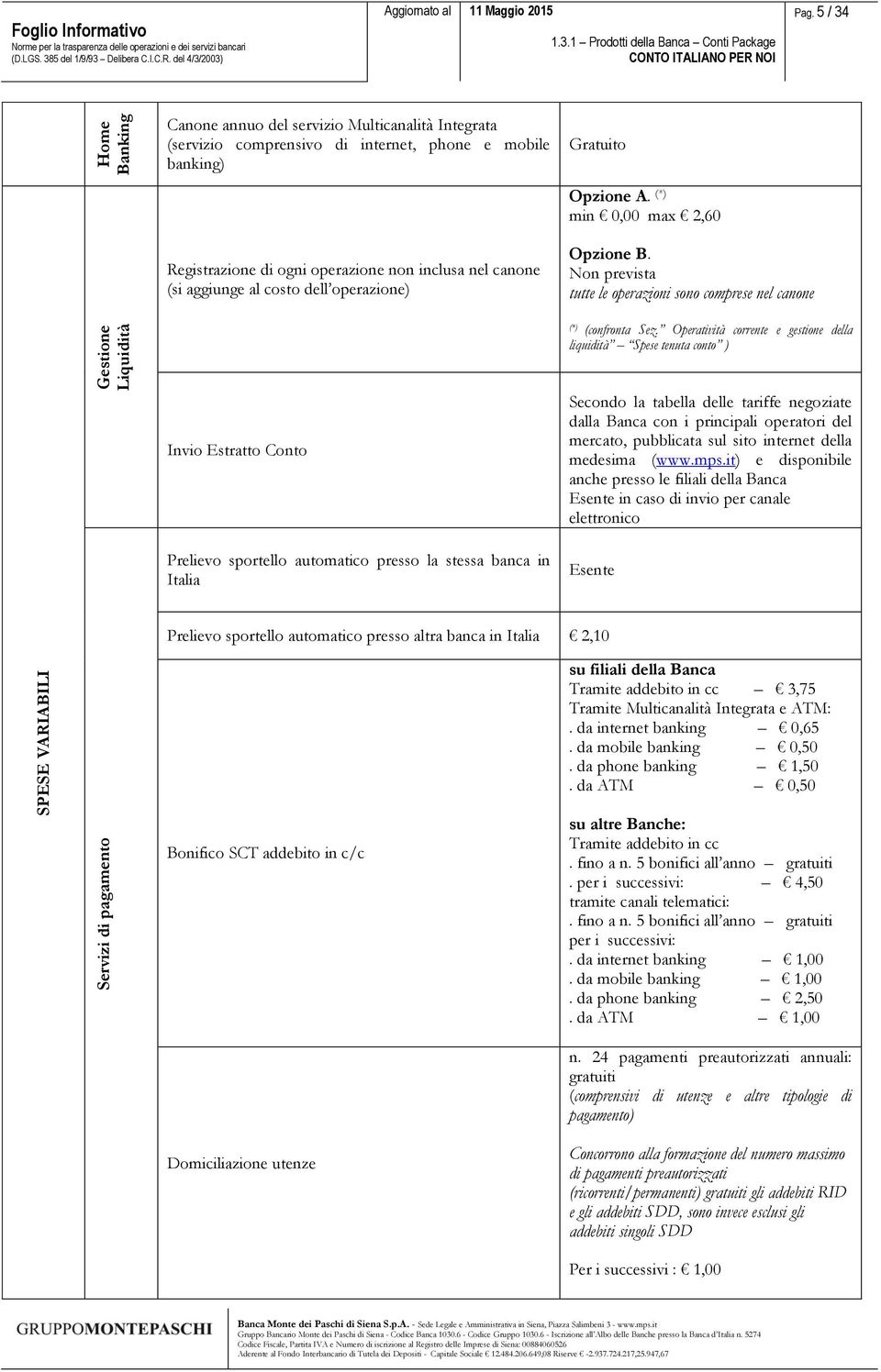 operazione) Gratuito Opzione A. (*) min 0,00 max 2,60 Opzione B. Non prevista tutte le operazioni sono comprese nel canone (*) (confronta Sez.