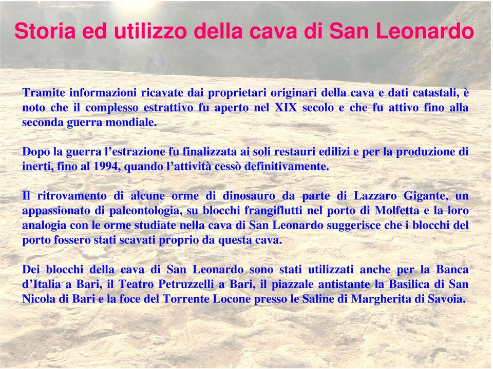 Il ritrovamento di alcune orme di dinosauro da parte di Lazzaro Gigante, un appassionato di paleontologia, su blocchi frangiflutti nel porto di Molfetta e la loro analogia con le orme studiate nella