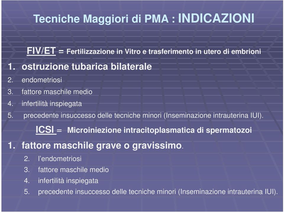 precedente insuccesso delle tecniche minori (Inseminazione intrauterina IUI). ICSI = Microiniezione intracitoplasmatica di spermatozoi 1.