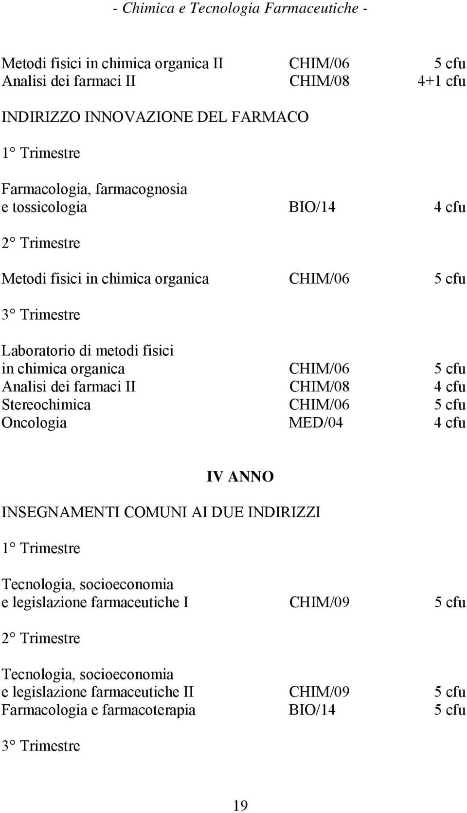 CHIM/06 5 cfu Analisi dei farmaci II CHIM/08 4 cfu Stereochimica CHIM/06 5 cfu Oncologia MED/04 4 cfu IV ANNO INSEGNAMENTI COMUNI AI DUE INDIRIZZI 1 Trimestre Tecnologia,