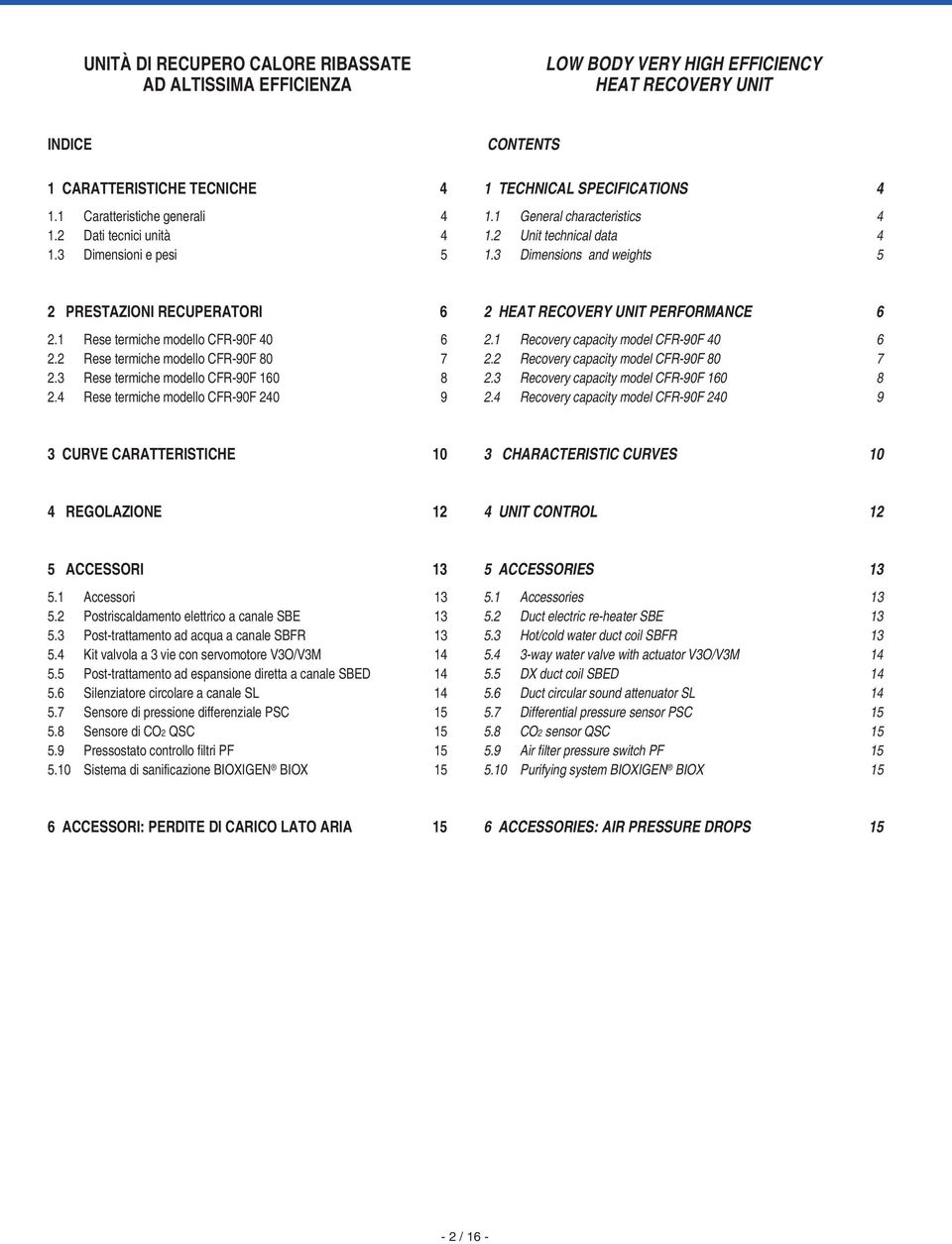 3 Dimensions and weights 5 2 PRESTAZIONI RECUPERATORI 6 2.1 Rese termiche modello CFR-90F 40 6 2.2 Rese termiche modello CFR-90F 80 7 2.3 Rese termiche modello CFR-90F 160 8 2.