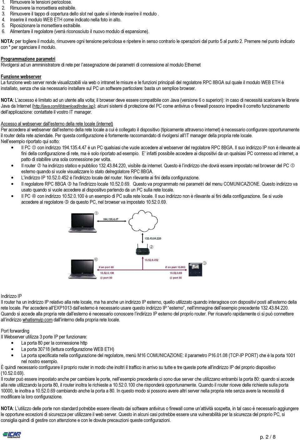 NOTA: per togliere il modulo, rimuovere ogni tensione pericolosa e ripetere in senso contrario le operazioni dal punto 5 al punto 2. Premere nel punto indicato con * per sganciare il modulo.