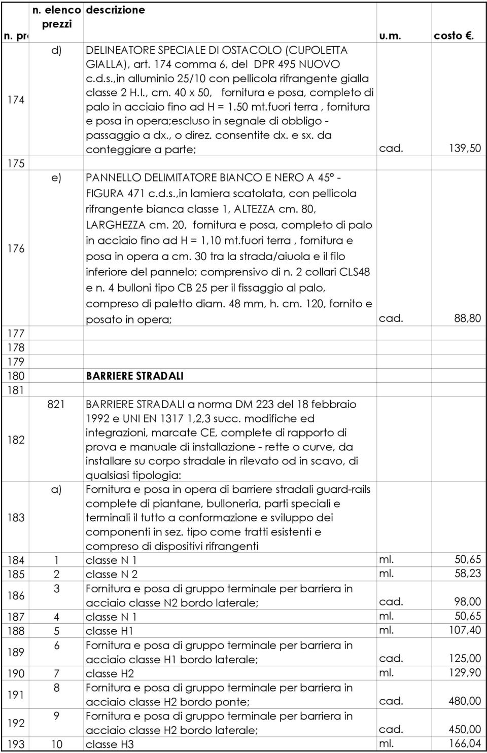 da conteggiare a parte; cad. 139,50 175 e) PANNELLO DELIMITATORE BIANCO E NERO A 45-176 FIGURA 471 c.d.s.,in lamiera scatolata, con pellicola rifrangente bianca classe 1, ALTEZZA cm. 80, LARGHEZZA cm.