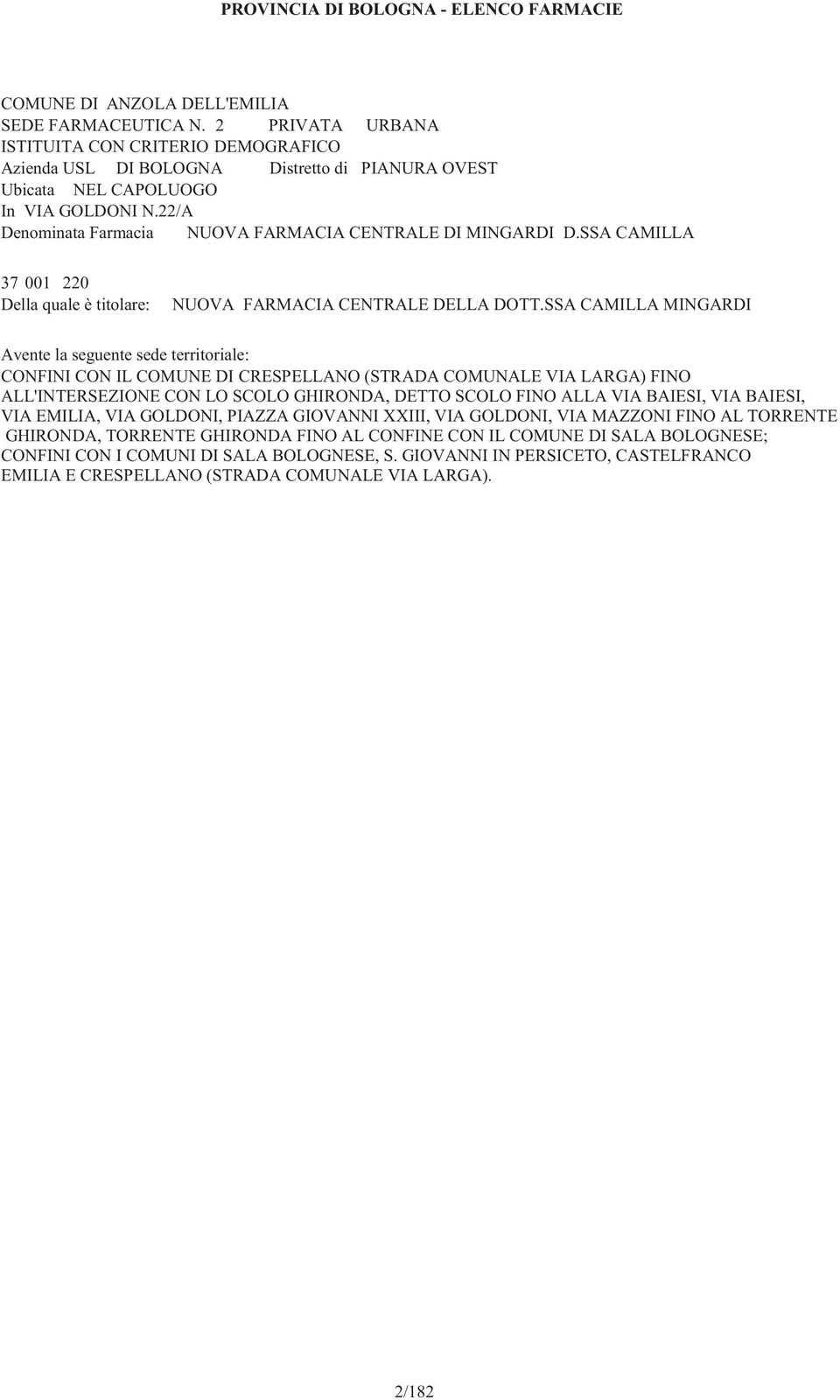 SSA CAMILLA MINGARDI CONFINI CON IL COMUNE DI CRESPELLANO (STRADA COMUNALE VIA LARGA) FINO ALL'INTERSEZIONE CON LO SCOLO GHIRONDA, DETTO SCOLO FINO ALLA VIA BAIESI, VIA BAIESI, VIA