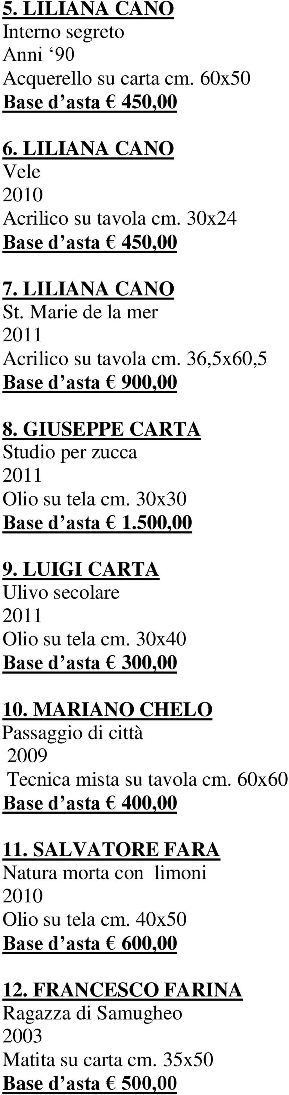 GIUSEPPE CARTA Studio per zucca Olio su tela cm. 30x30 Base d asta 1.500,00 9. LUIGI CARTA Ulivo secolare Olio su tela cm. 30x40 10.
