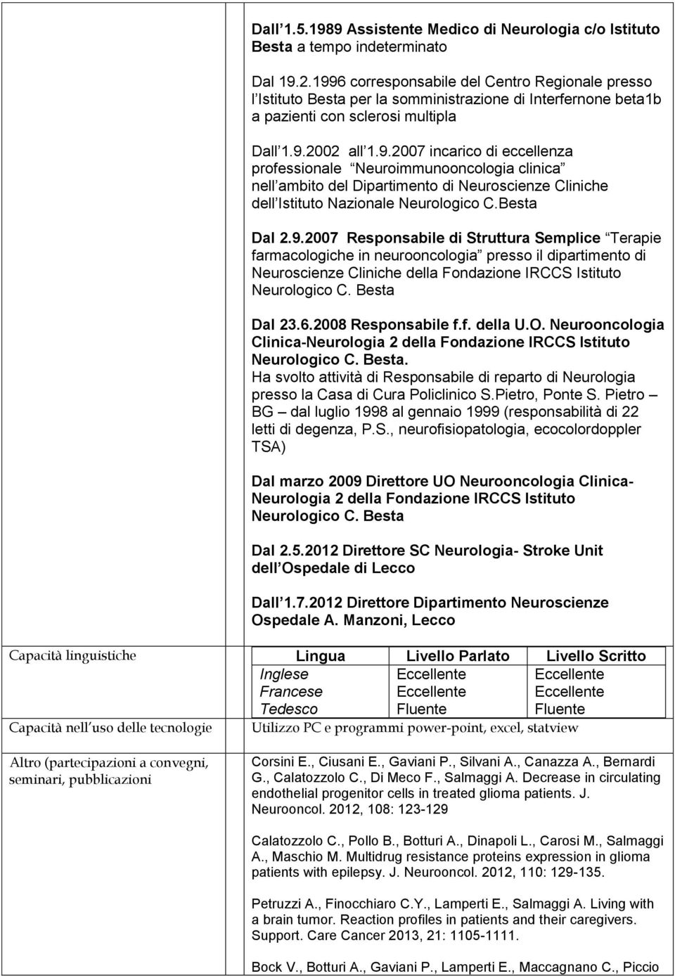 Besta Dal 2.9.2007 Responsabile di Struttura Semplice Terapie farmacologiche in neurooncologia presso il dipartimento di Neuroscienze Cliniche della Fondazione IRCCS Istituto Neurologico C.