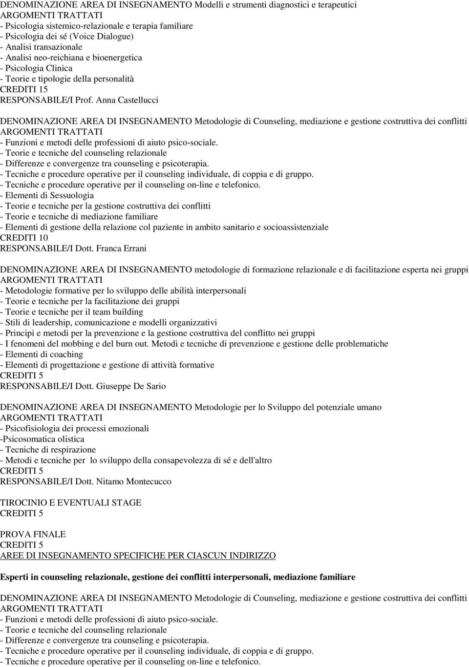 Anna Castellucci DENOMINAZIONE AREA DI INSEGNAMENTO Metodologie di Counseling, mediazione e gestione costruttiva dei conflitti - Funzioni e metodi delle professioni di aiuto psico-sociale.